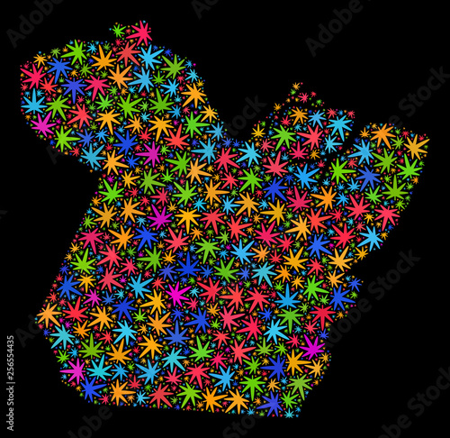 Bright vector cannabis Paral State map collage on a black background. Template with bright herbal leaves for weed legalize campaign. Vector Paral State map is formed of weed leaves.