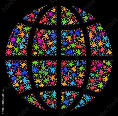 Bright vector marijuana planet globe collage on a black background. Concept with colorful weed leaves for marijuana legalize campaign. Vector planet globe is organized with marijuana leaves.