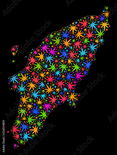 Bright vector marijuana Rhodes Island map mosaic on a black background. Concept with bright weed leaves for weed legalize campaign. Vector Rhodes Island map is composed with herbal leaves.