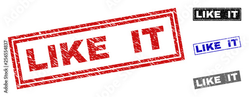 Grunge LIKE IT rectangle stamp seals isolated on a white background. Rectangular seals with distress texture in red, blue, black and grey colors.