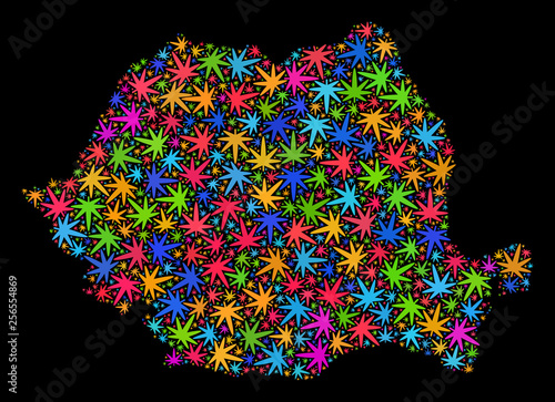 Bright vector cannabis Romania map collage on a black background. Template with colored weed leaves for weed legalize campaign. Vector Romania map is organized with marijuana leaves.