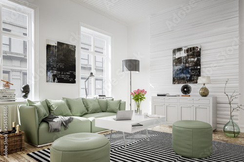 3D rendering von gemütlichem Wohnzimmer mit Couch in Altbau einer Stadtwohnung oder  Wohnung zum mieten oder kaufen bei Nacht