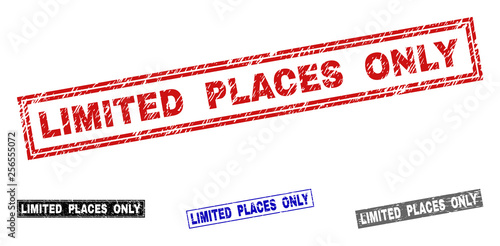 Grunge LIMITED PLACES ONLY rectangle stamp seals isolated on a white background. Rectangular seals with grunge texture in red, blue, black and gray colors.