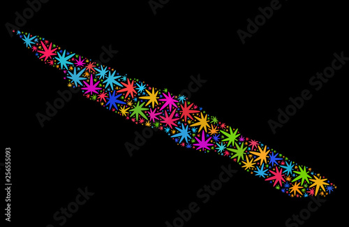 Bright vector marijuana Sao Jorge Island map collage on a black background. Template with bright weed leaves for weed legalize campaign. Vector Sao Jorge Island map is formed of weed leaves.