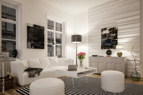 3D rendering von gemütlichem Wohnzimmer mit Sofa in Altbau einer Stadtwohnung oder  Wohnung zum mieten oder kaufen bei Nacht