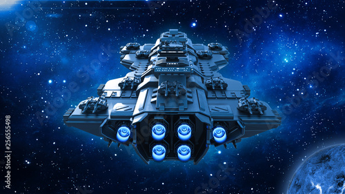 Foto Spaceship traveling in deep space, alien UFO spacecraft flying in the Universe w