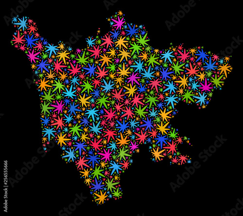Bright vector marijuana Sichuan Province map mosaic on a black background. Concept with bright weed leaves for marijuana legalize campaign. Vector Sichuan Province map is composed of ganja leaves.