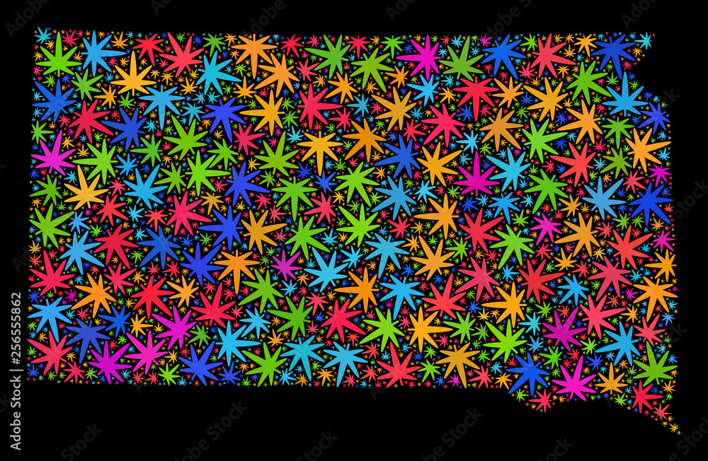 Bright vector marijuana South Dakota State map mosaic on a black background. Concept with colorful weed leaves for marijuana legalize campaign. Bright vector marijuana South Dakota State map mosaic on a black background. Concept with colorful weed leaves for marijuana legalize campaign.