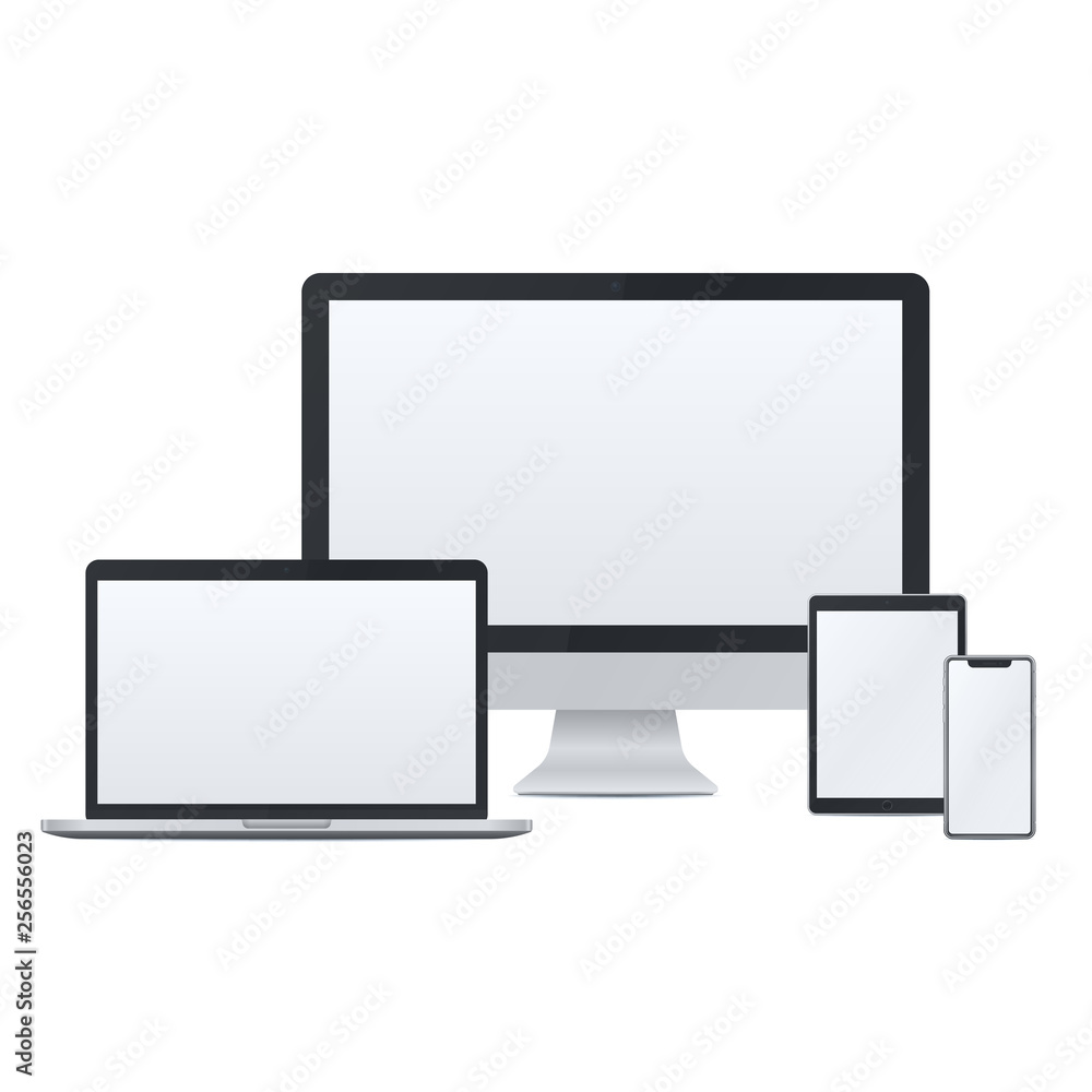 Realistic desktop pc, laptop, tablet pc and smart phone set Realistic desktop pc, laptop, tablet pc and smart phone set