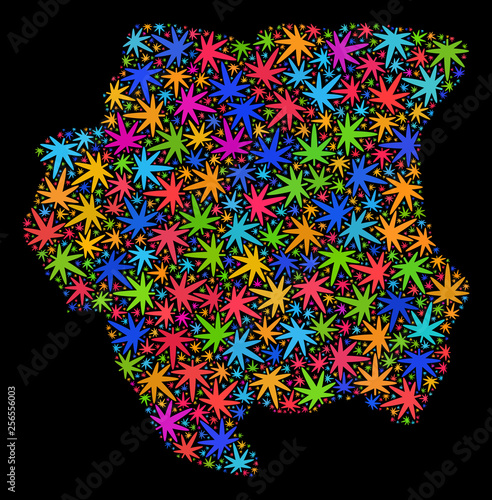 Bright vector marijuana Suriname map collage on a black background. Template with bright weed leaves for marijuana legalize campaign. Vector Suriname map is formed with cannabis leaves.