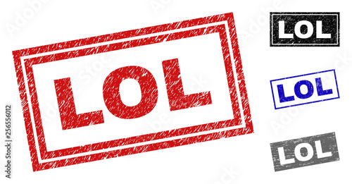 Grunge LOL rectangle stamp seals isolated on a white background. Rectangular seals with grunge texture in red, blue, black and grey colors.