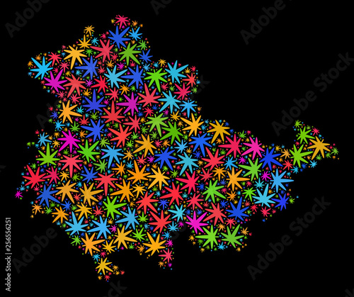 Bright vector marijuana Thuringia Land map mosaic on a black background. Template with colored weed leaves for marijuana legalize campaign. Vector Thuringia Land map is composed of marijuana leaves.