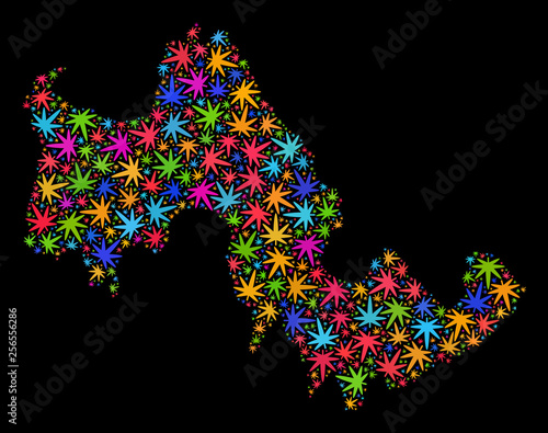 Bright vector cannabis Tilos Island map collage on a black background. Concept with bright weed leaves for cannabis legalize campaign. Vector Tilos Island map is constructed of cannabis leaves.