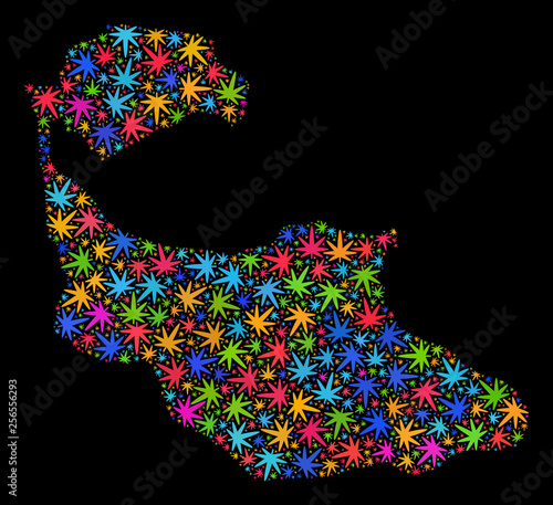 Bright vector marijuana Tiran Island map collage on a black background. Concept with bright weed leaves for weed legalize campaign. Vector Tiran Island map is formed with cannabis leaves.