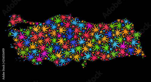 Bright vector cannabis Turkey map collage on a black background. Concept with multi-colored herbal leaves for cannabis legalize campaign. Vector Turkey map is organized with herbal leaves.