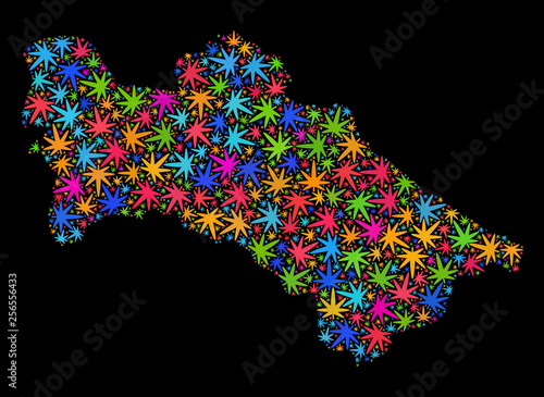 Bright vector cannabis Turkmenistan map mosaic on a black background. Template with colored weed leaves for weed legalize campaign. Vector Turkmenistan map is formed of weed leaves.