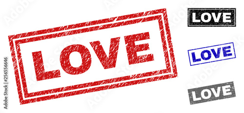 Grunge LOVE rectangle stamp seals isolated on a white background. Rectangular seals with grunge texture in red, blue, black and grey colors.