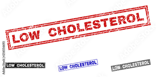 Grunge LOW CHOLESTEROL rectangle stamp seals isolated on a white background. Rectangular seals with grunge texture in red, blue, black and grey colors.