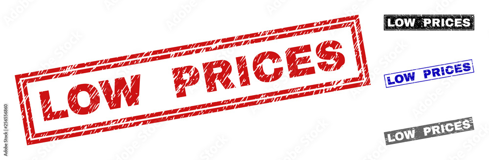 Grunge LOW PRICES rectangle stamp seals isolated on a white background. Rectangular seals with grunge texture in red, blue, black and grey colors. Grunge LOW PRICES rectangle stamp seals isolated on a white background. Rectangular seals with grunge texture in red, blue, black and grey colors.