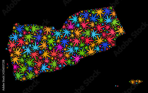 Bright vector marijuana Yemen map mosaic on a black background. Concept with bright weed leaves for weed legalize campaign. Vector Yemen map is designed with weed leaves.