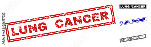 Grunge LUNG CANCER rectangle stamp seals isolated on a white background. Rectangular seals with grunge texture in red, blue, black and gray colors.