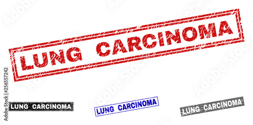 Grunge LUNG CARCINOMA rectangle stamp seals isolated on a white background. Rectangular seals with grunge texture in red, blue, black and grey colors.