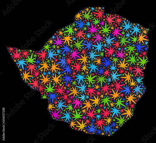 Bright vector cannabis Zimbabwe map mosaic on a black background. Concept with bright herbal leaves for cannabis legalize campaign. Vector Zimbabwe map is composed of marijuana leaves.