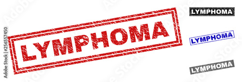 Grunge LYMPHOMA rectangle stamp seals isolated on a white background. Rectangular seals with grunge texture in red, blue, black and grey colors.