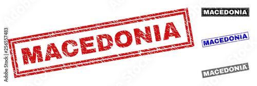 Grunge MACEDONIA rectangle stamp seals isolated on a white background. Rectangular seals with grunge texture in red, blue, black and grey colors.