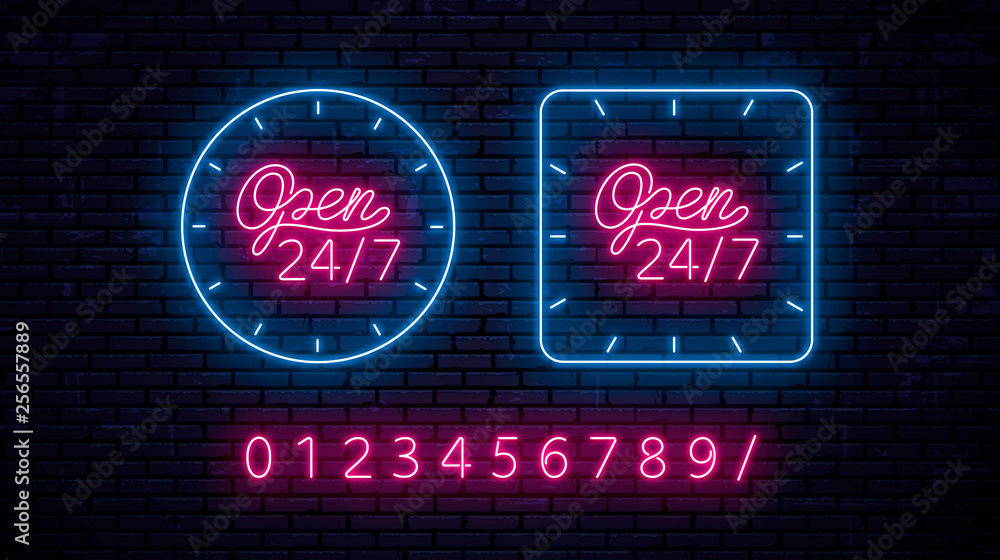 Set of neon signs - open 24 hours 7 days a week, around the clock, with the ability to edit time using numbers. Vector Illustration.