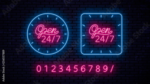 Set of neon signs - open 24 hours 7 days a week, around the clock, with the ability to edit time using numbers. Vector Illustration.