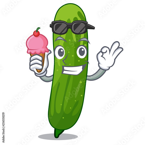 With ice cream fresh cucumber slices on cartoon plate