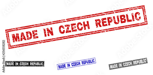Grunge MADE IN CZECH REPUBLIC rectangle stamp seals isolated on a white background. Rectangular seals with grunge texture in red, blue, black and gray colors.