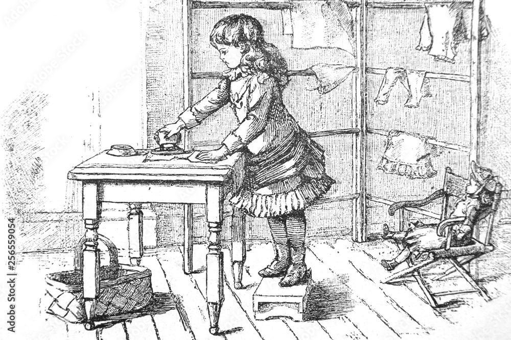 Little girl ironing - Vintage Engraved Illustration, 1894