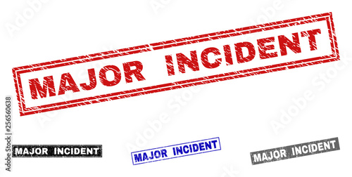 Grunge MAJOR INCIDENT rectangle stamp seals isolated on a white background. Rectangular seals with grunge texture in red, blue, black and gray colors.