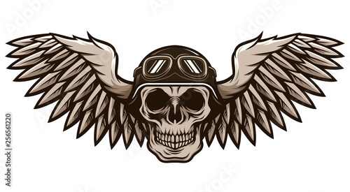 Detailed Classic Skull Head Wearing Retro Biker Helmet and Pilot Goggles With Spreading Wings Motorcycle Badge Design