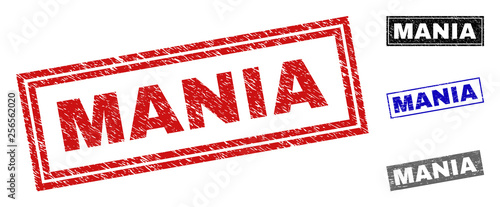 Grunge MANIA rectangle stamp seals isolated on a white background. Rectangular seals with grunge texture in red, blue, black and gray colors.