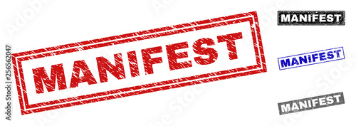 Grunge MANIFEST rectangle stamp seals isolated on a white background. Rectangular seals with grunge texture in red, blue, black and gray colors.