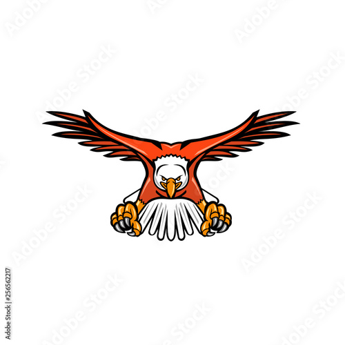 Mascot icon illustration of a bald eagle, sea eagle or American eagle swooping down with talons facing viewed from front on isolated background in retro style.