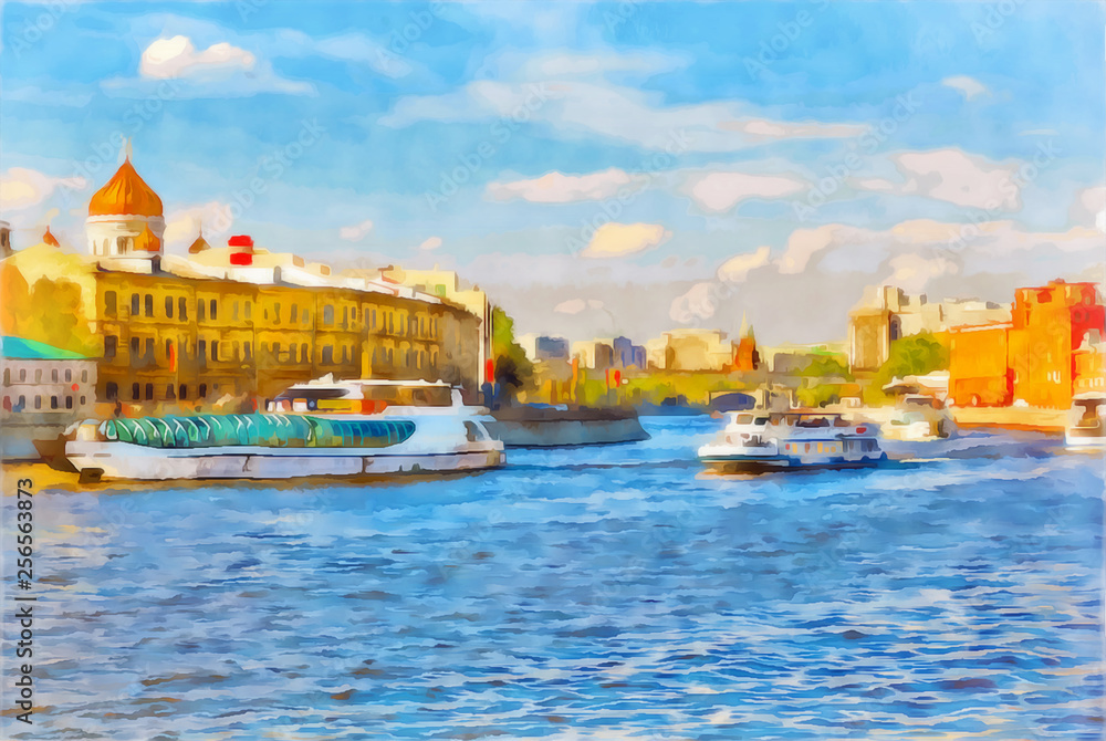 Watercolor cityscape. Tourist ships floating on the Moscow river.