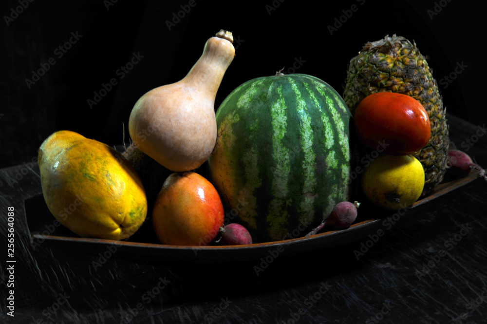 A still life of fruits and vegetable from Costa Rica.