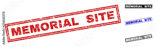 Grunge MEMORIAL SITE rectangle stamp seals isolated on a white background. Rectangular seals with grunge texture in red, blue, black and grey colors.