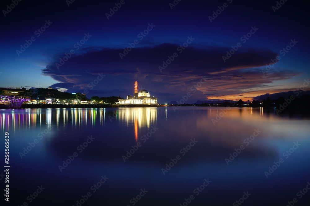 wonderful sunset with islamic mosque and bridge at kuching sarawak