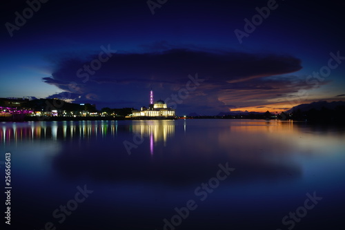 wonderful sunset with islamic mosque and bridge at kuching sarawak