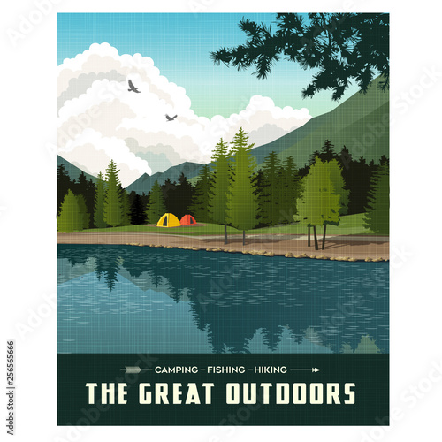 Scenic landscape with mountains, forest and lake with camping tents. Summer travel poster or sticker design.