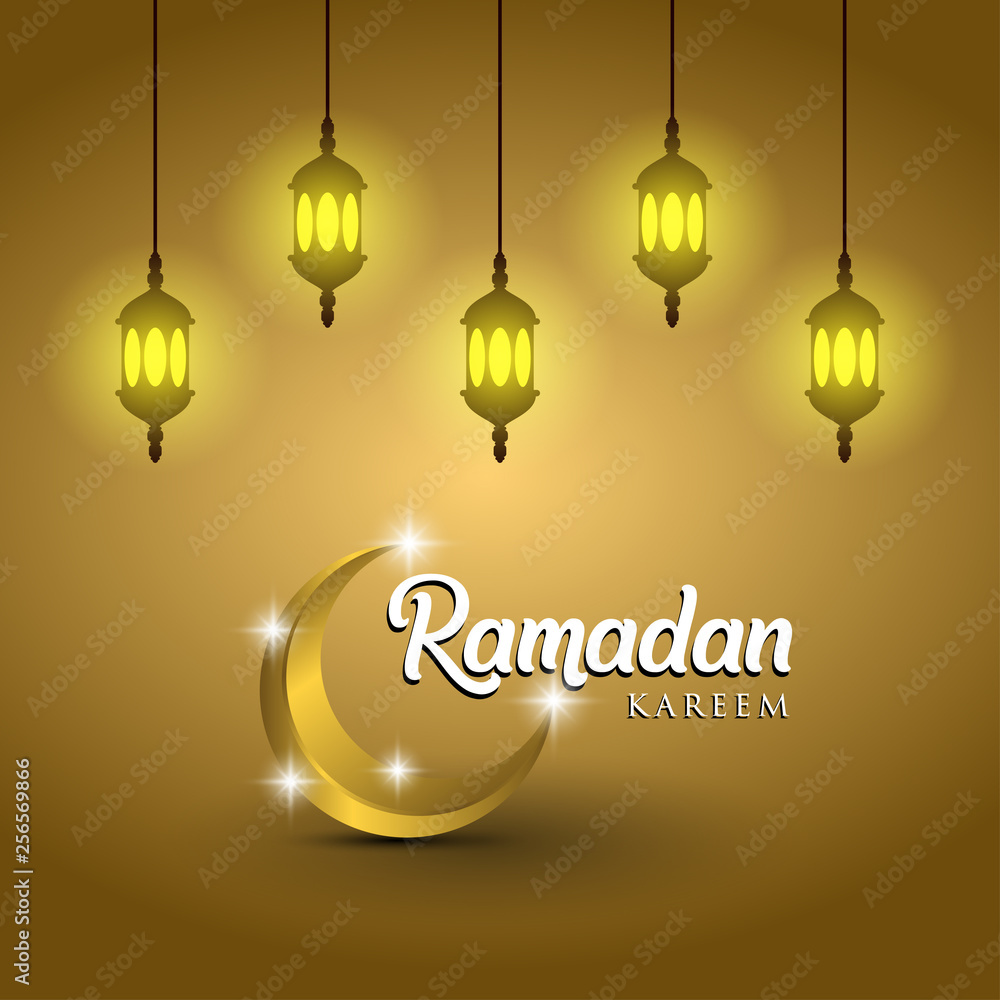 Ramadan kareem greeting card design. with arabic lanterns and golden ornate crescent. on golden background, EPS 10 - vector, Jpeg High Resolution 300 DPI