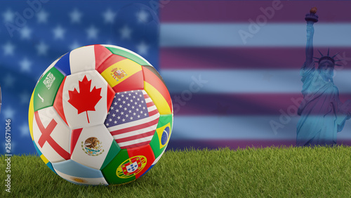 a soccer ball with flags on...