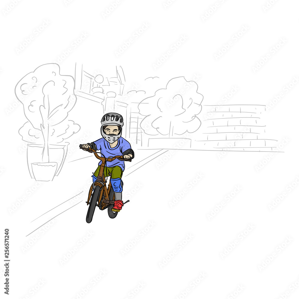 boy riding bicycle with gray helmet and safety vector illustration with black lines isolated on white background boy riding bicycle with gray helmet and safety vector illustration with black lines isolated on white background