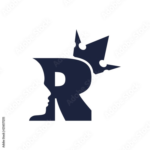 Royal luxury emblem with R letter silhouette. Prince head silhouette with crown. Medieval king profile. Business fantasy badge
