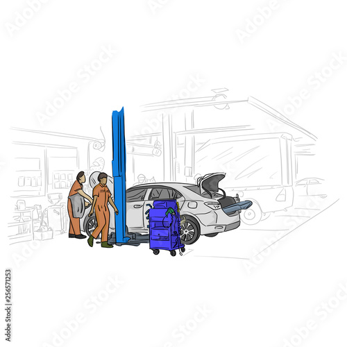 car mechanic working in auto repair service vector illustration with black lines isolated on white background